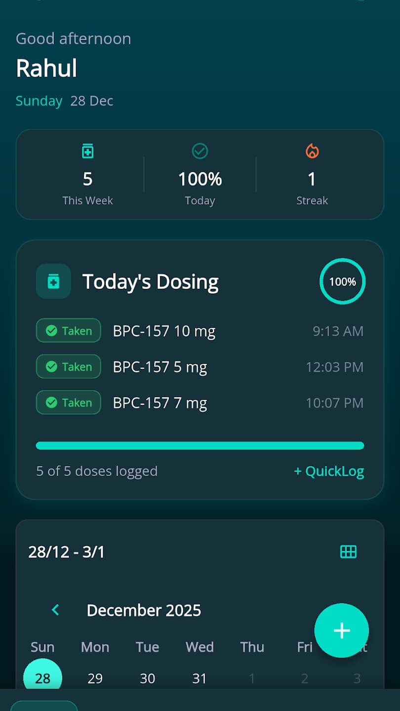 PeptiSync mobile app home screen