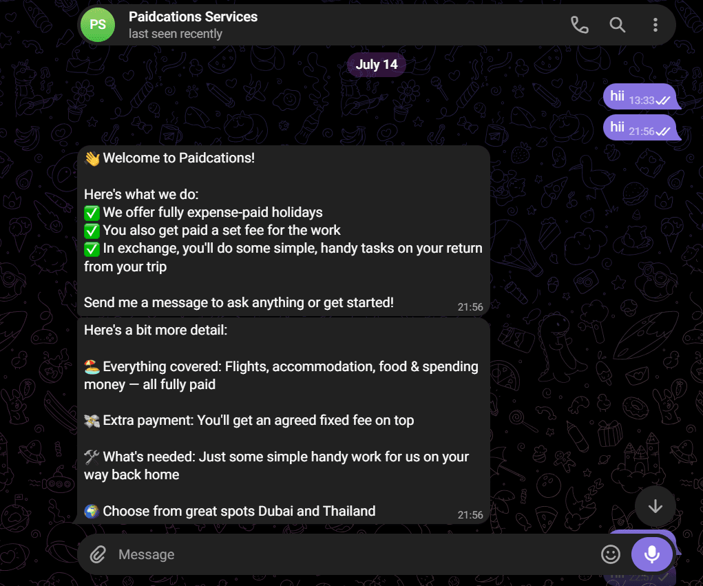 Telegram auto-reply userbot conversation flow with automated responses